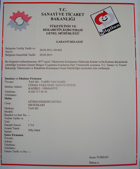 Kadirli Tan Isı Garanti Belgesi