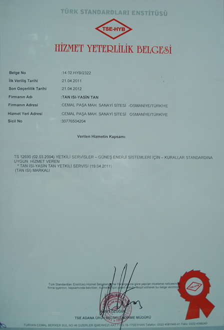 Tan Isı Hizmet Yeterlilik Belgesi